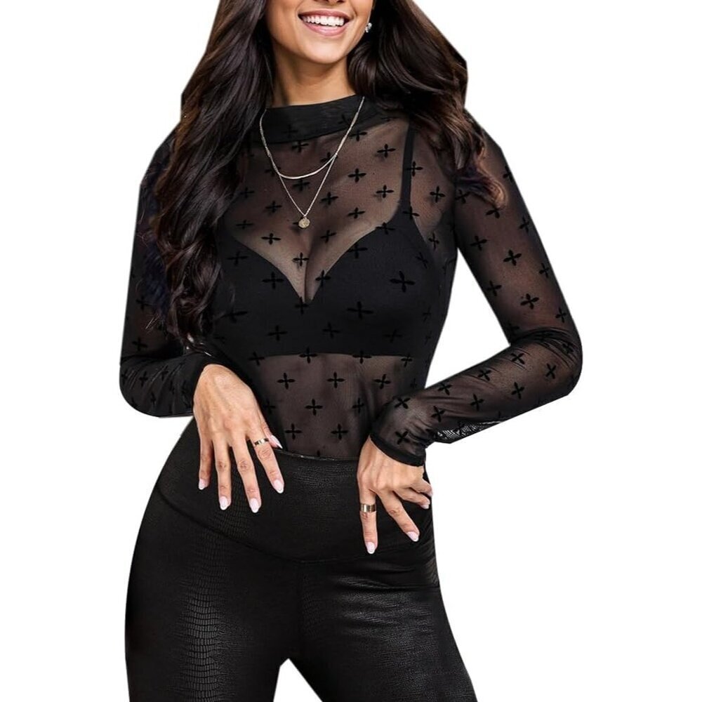 Women Pat7 Long Sleeve Mock Neck Fitted Sexy See Through Going Out Mesh Tops